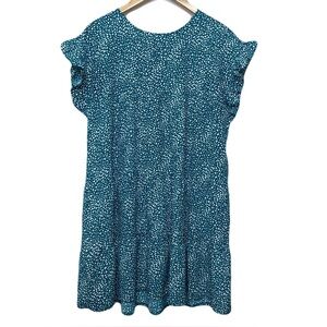 Solution Stylish Blue Green Tiered Dress w/ White Dots Ruffle Sleeves Women’s S